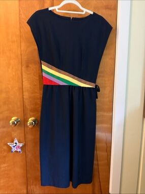 Vintage- Navy Dress with Diagonal Rainbow Waistband